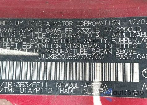 2008 Toyota Prius from USA, damaged, VIN JTDKB20U687737000